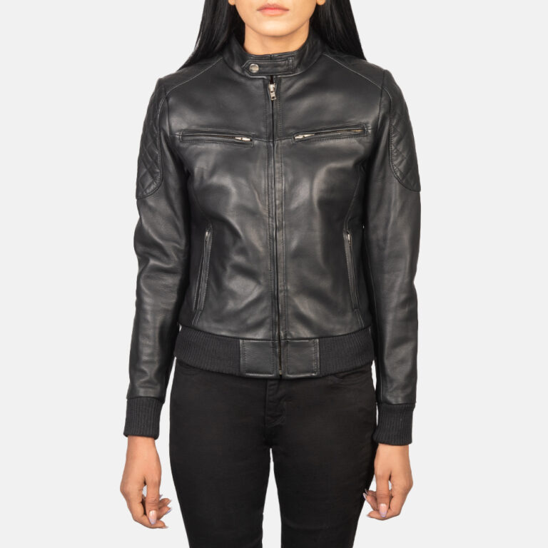 Womens Zenna Black Leather Bomber Jacket Close Front-4-1652190971538